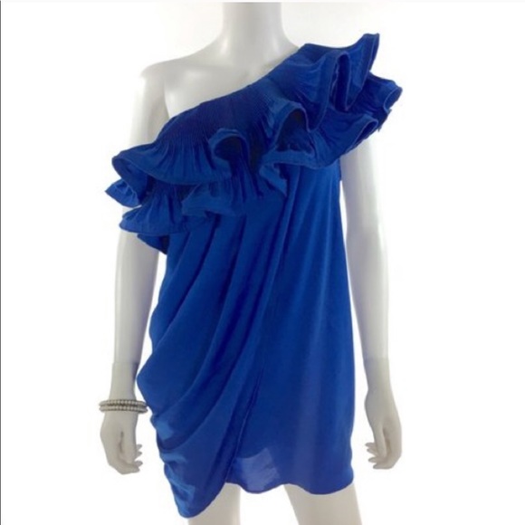 💕SALE BCBGMAXAZRIA Blue One Shoulder Ruffle Dress - Picture 5 of 11